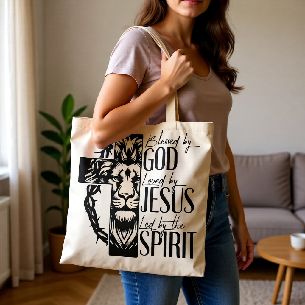 Person holding a tote bag with a lion design and text in a living room.