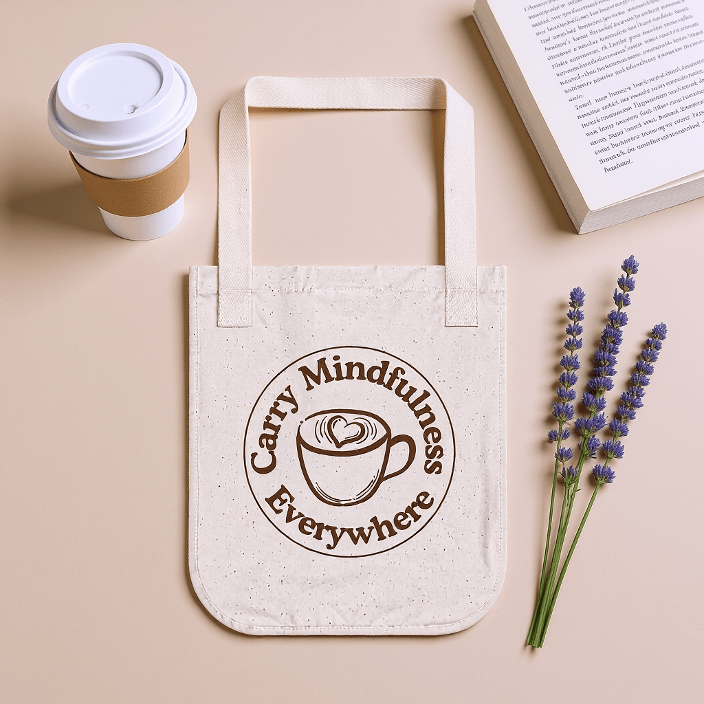 Carry Mindfulness Everywhere Tote™ | Karma & Grace™ — flat-lay of tote with coffee mug, journal, and wildflowers