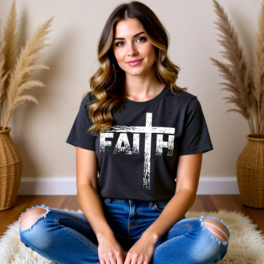 Woman wearing a dark heather t-shirt with 'FAITH' and a cross design, sitting on a rug with decorative plants in the background.