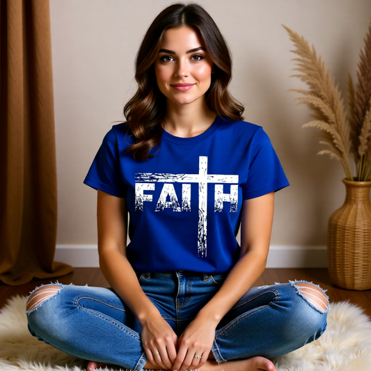 Woman wearing a blue t-shirt with a cross and 'FAITH' text, sitting on the floor.