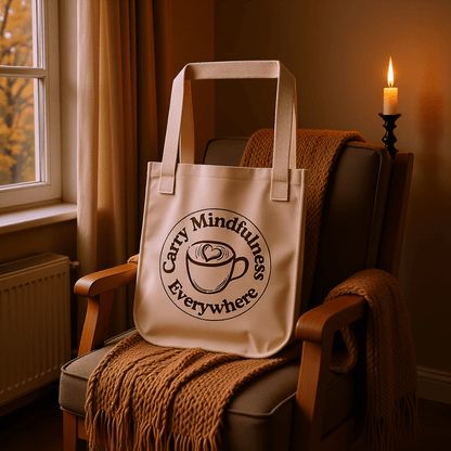 Carry Mindfulness Everywhere Tote™ | Karma & Grace™ — cozy corner setup with tote, blanket, and ceramic mug