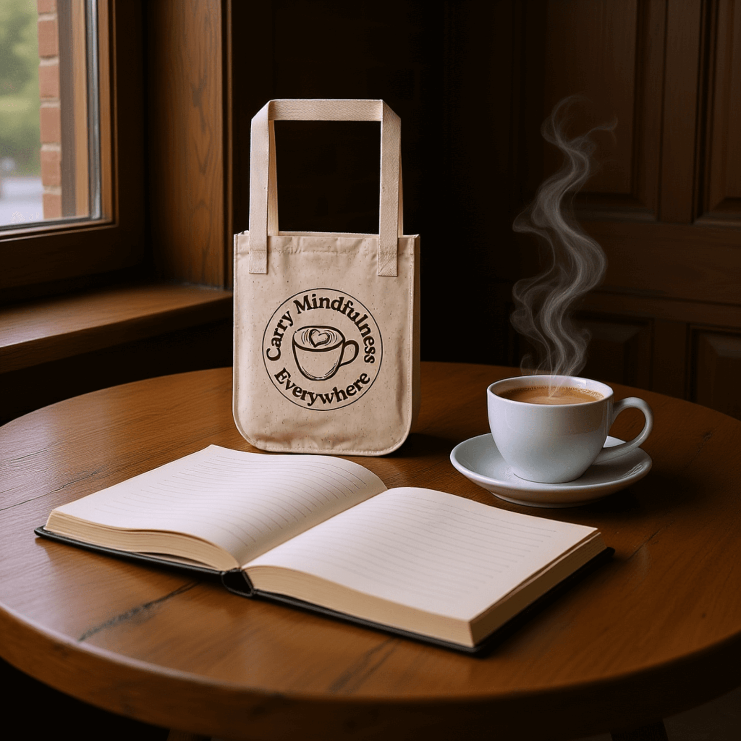 Carry Mindfulness Everywhere Tote™ | Karma & Grace™ — organic cotton tote bag with mindful coffee cup design on neutral fabric, front view