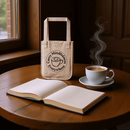 Carry Mindfulness Everywhere Tote™ | Karma & Grace™ — organic cotton tote bag with mindful coffee cup design on neutral fabric, front view