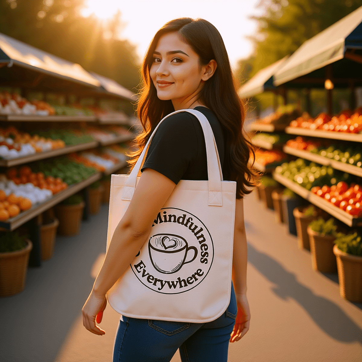 Carry Mindfulness Everywhere Tote™ | Karma & Grace™ — woman carrying eco-friendly tote on morning coffee walk, soft daylight