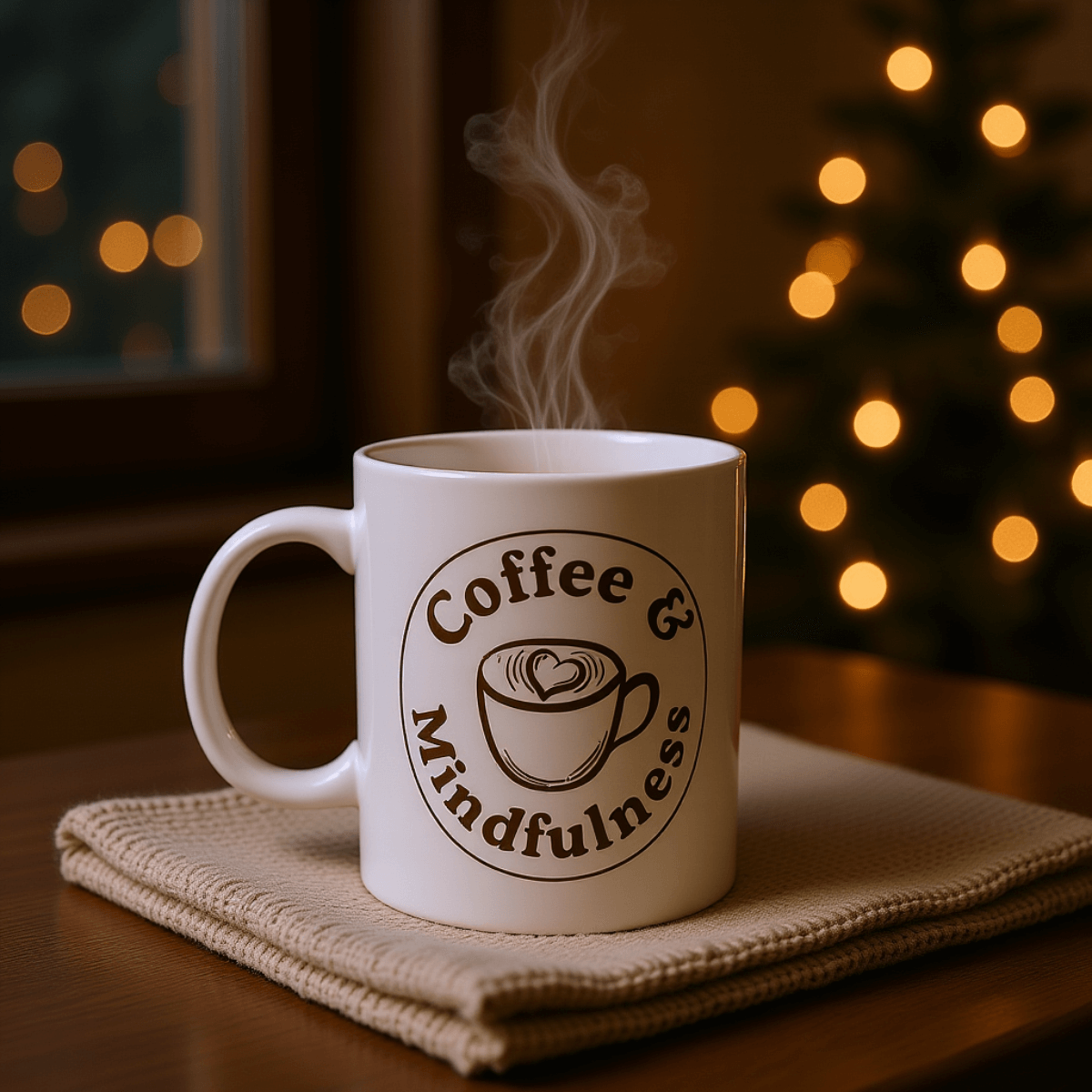 Coffee & Mindfulness Mug™ | Karma & Grace™ — warm scene with steam and soft light for evening wind-down
