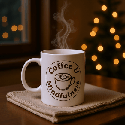 Coffee & Mindfulness Mug™ | Karma & Grace™ — warm scene with steam and soft light for evening wind-down
