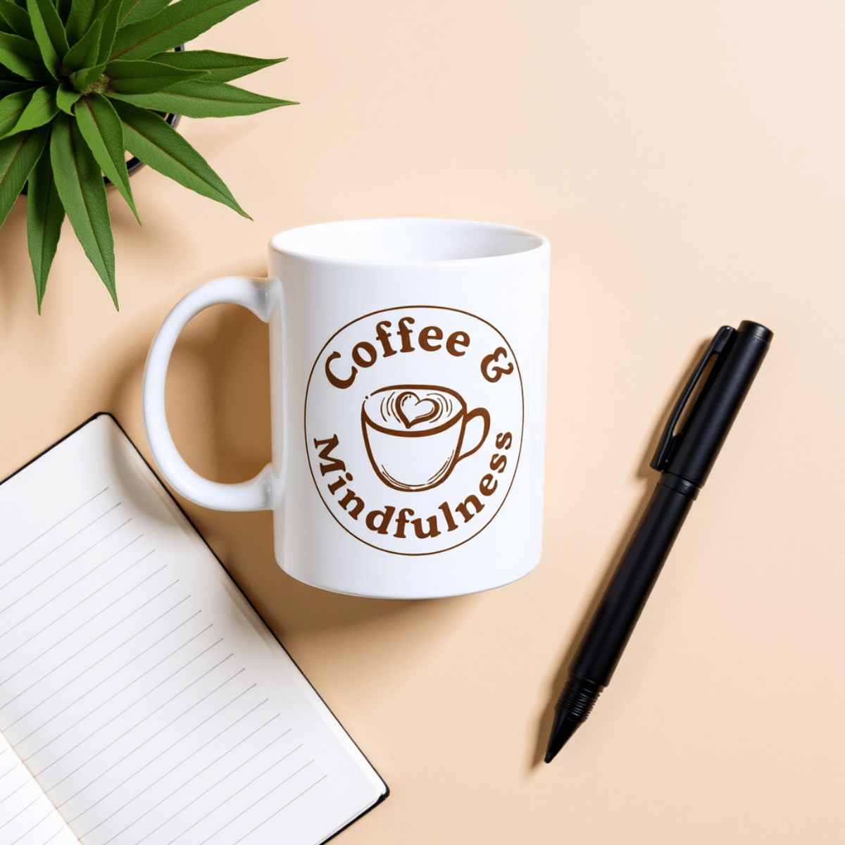 Coffee & Mindfulness Mug™ | Karma & Grace™ — overhead flat-lay of mug with notebook and pen