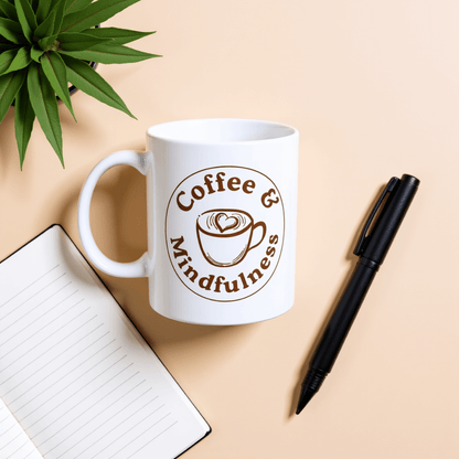 Coffee & Mindfulness Mug™ | Karma & Grace™ — overhead flat-lay of mug with notebook and pen