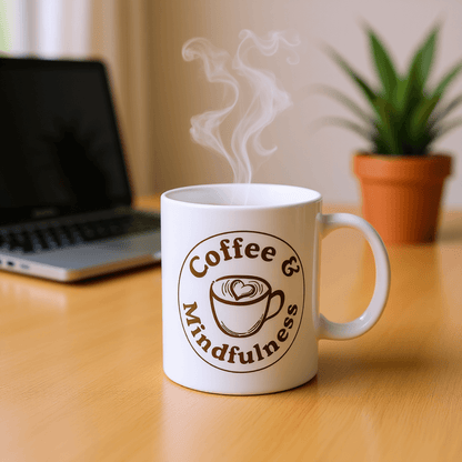 Coffee & Mindfulness Mug™ | Karma & Grace™ — mug on a cozy desk next to a laptop during a calm morning