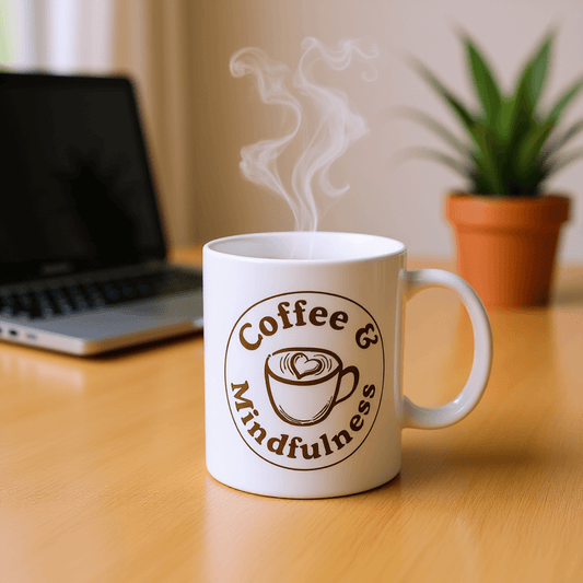Coffee & Mindfulness Mug™ | Karma & Grace™ — mug on a cozy desk next to a laptop during a calm morning