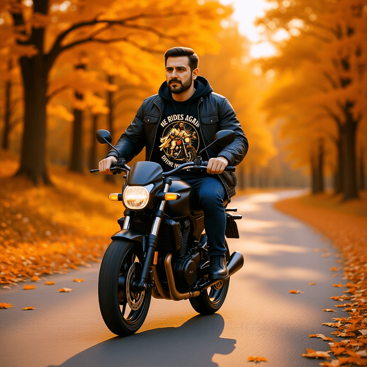 He Rides Again – Divine Intervention™ | Karma & Grace™ — tee draped over chair in cozy rustic cabin with lamplight.