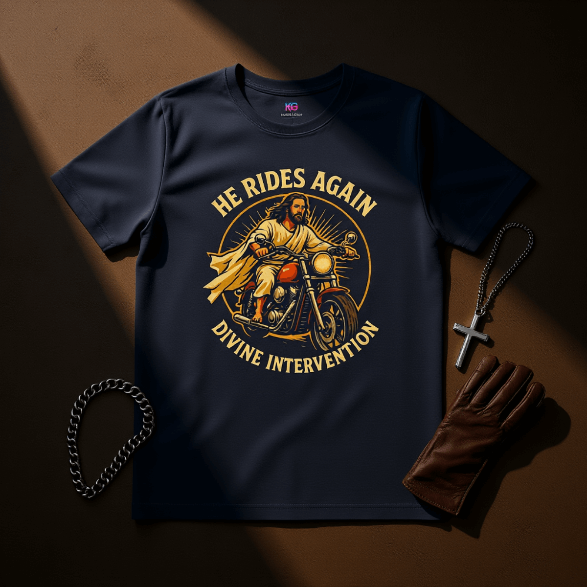 He Rides Again – Divine Intervention™ | Karma & Grace™ — flat-lay of folded shirt with sunglasses and leather gloves beside.