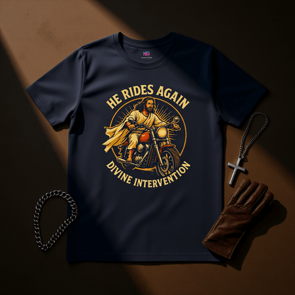 He Rides Again – Divine Intervention™ | Karma & Grace™ — flat-lay of folded shirt with sunglasses and leather gloves beside.