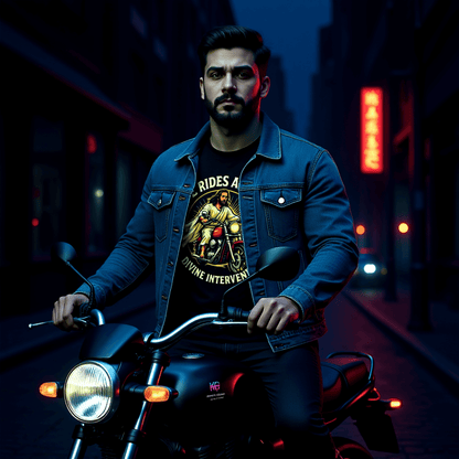 He Rides Again – Divine Intervention™ | Karma & Grace™ — close-up of bold faith-inspired biker design on black tee under studio lighting.