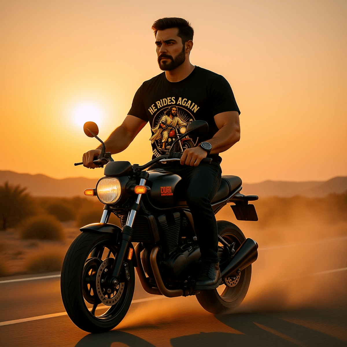 He Rides Again – Divine Intervention™ | Karma & Grace™ — person wearing shirt on motorcycle in desert road, sunset glow.