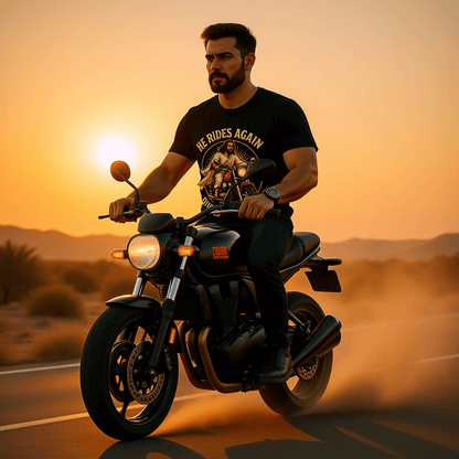 He Rides Again – Divine Intervention™ | Karma & Grace™ — person wearing shirt on motorcycle in desert road, sunset glow.