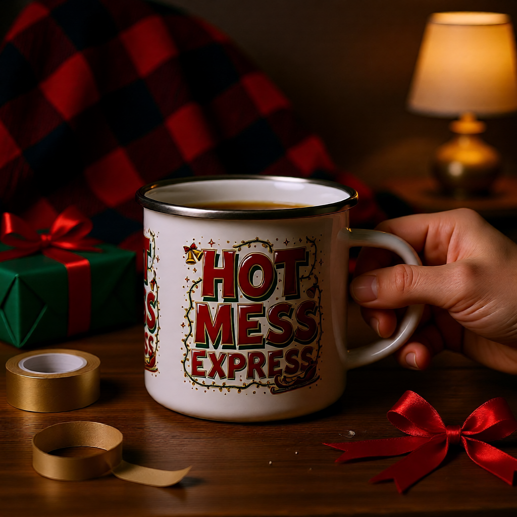 Hot Mess Express™ Enamel Camping Mug | Karma & Grace™ — cozy Christmas setting with warm lighting