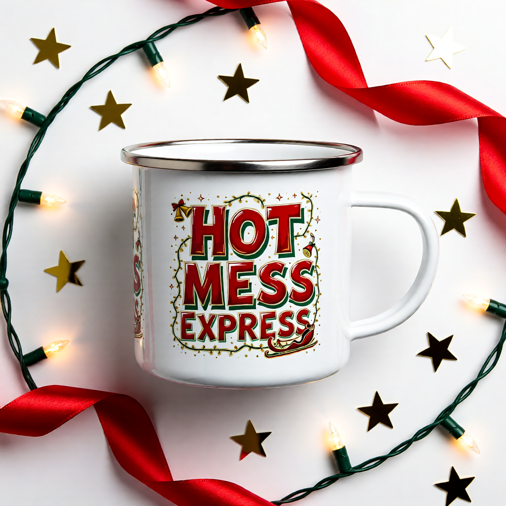 Hot Mess Express™ Enamel Camping Mug | Karma & Grace™ — flat-lay design on white background