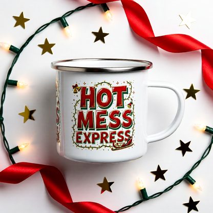Hot Mess Express™ Enamel Camping Mug | Karma & Grace™ — flat-lay design on white background