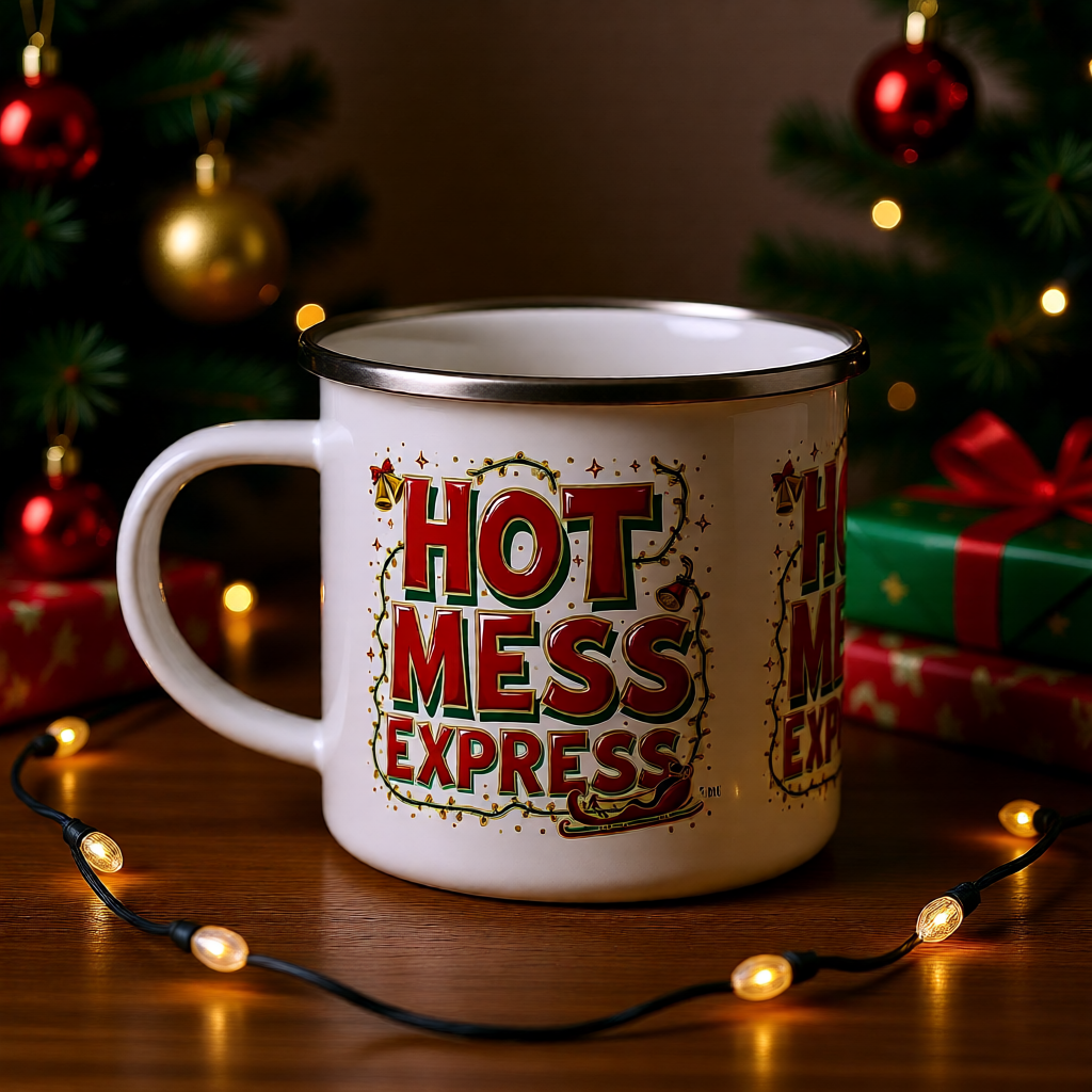 Hot Mess Express™ Enamel Camping Mug | Karma & Grace™ — holiday rebel mug with festive lettering, front hero view