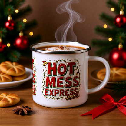 Hot Mess Express™ Enamel Camping Mug | Karma & Grace™ — lifestyle scene with cozy holiday elements