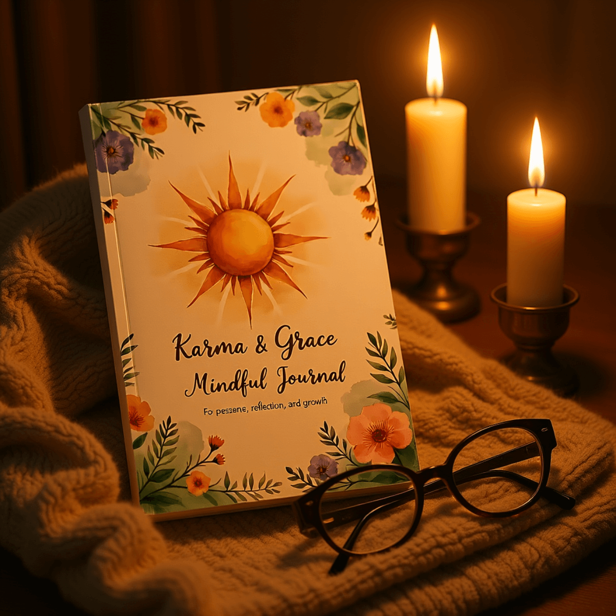 Mindful Journal™ | Karma & Grace™ — journal on throw blanket with candle and glasses, calm evening vibe