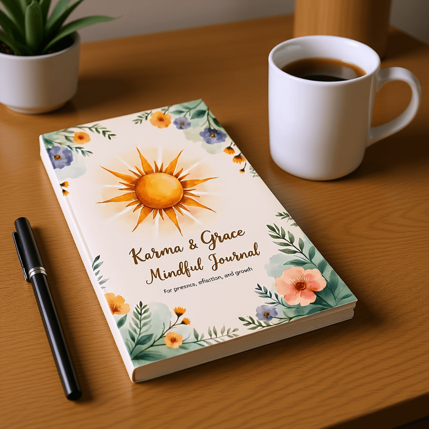 Mindful Journal™ | Karma & Grace™ — journal beside coffee and pen on wood desk, morning light, cozy workflow scene