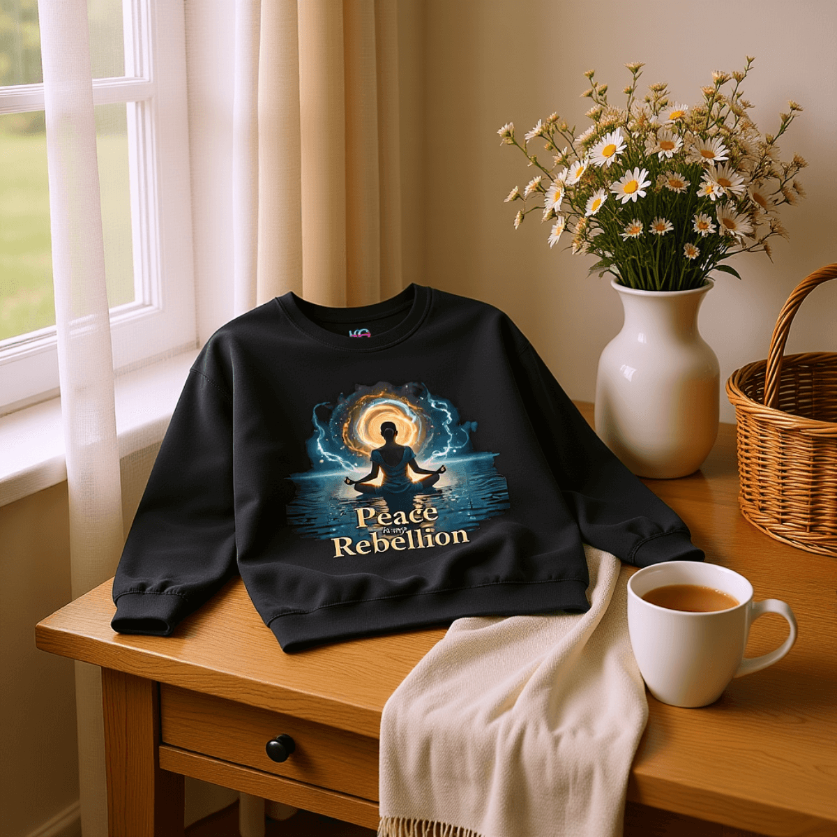 Peace Is My Rebellion™ | Karma & Grace™ — Folded sweatshirt beside steaming mug and wildflowers on rustic wooden table, warm sunlight and soft textures creating cozy ambiance