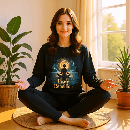 Peace Is My Rebellion™ | Karma & Grace™ — Casual outdoor lifestyle shot in soft daylight, subtle smile and grounded posture radiating strength through serenity