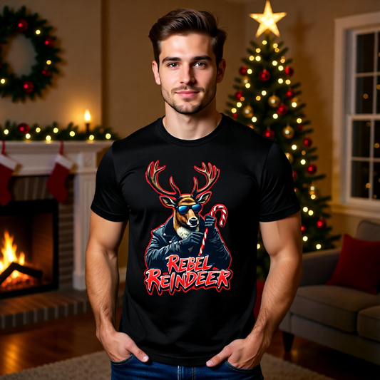 Rebel Reindeer™ Tee | Karma & Grace™ — bold holiday rebel design, front hero view