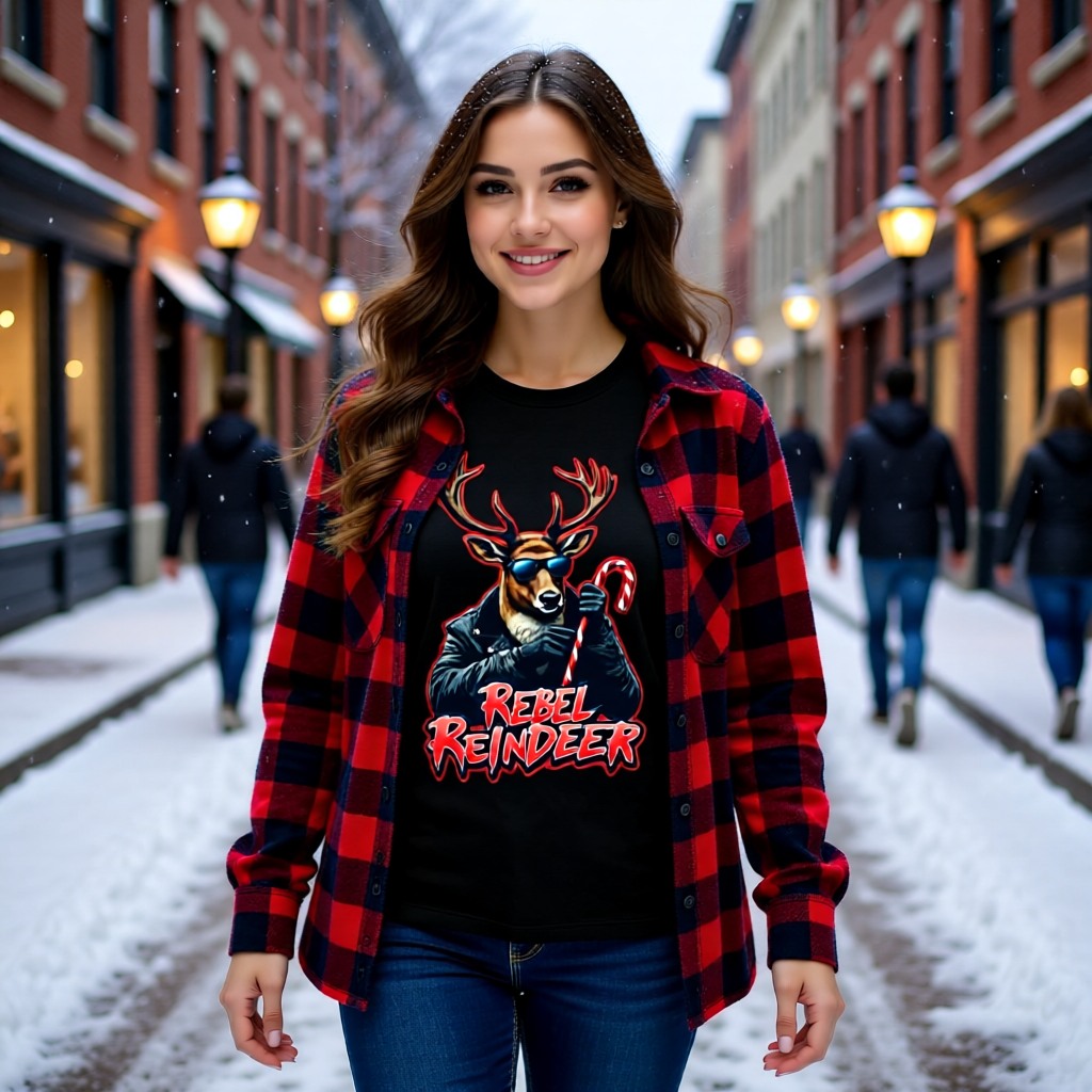 Woman wearing a red and black plaid shirt over a black t-shirt with a reindeer graphic and 'Rebel Reindeer' text, standing on a snowy street.
