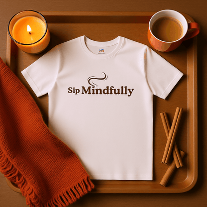 Sip Mindfully Tee™ | Karma & Grace™ — flat lay with mug, croissant, and linen napkin in warm morning light