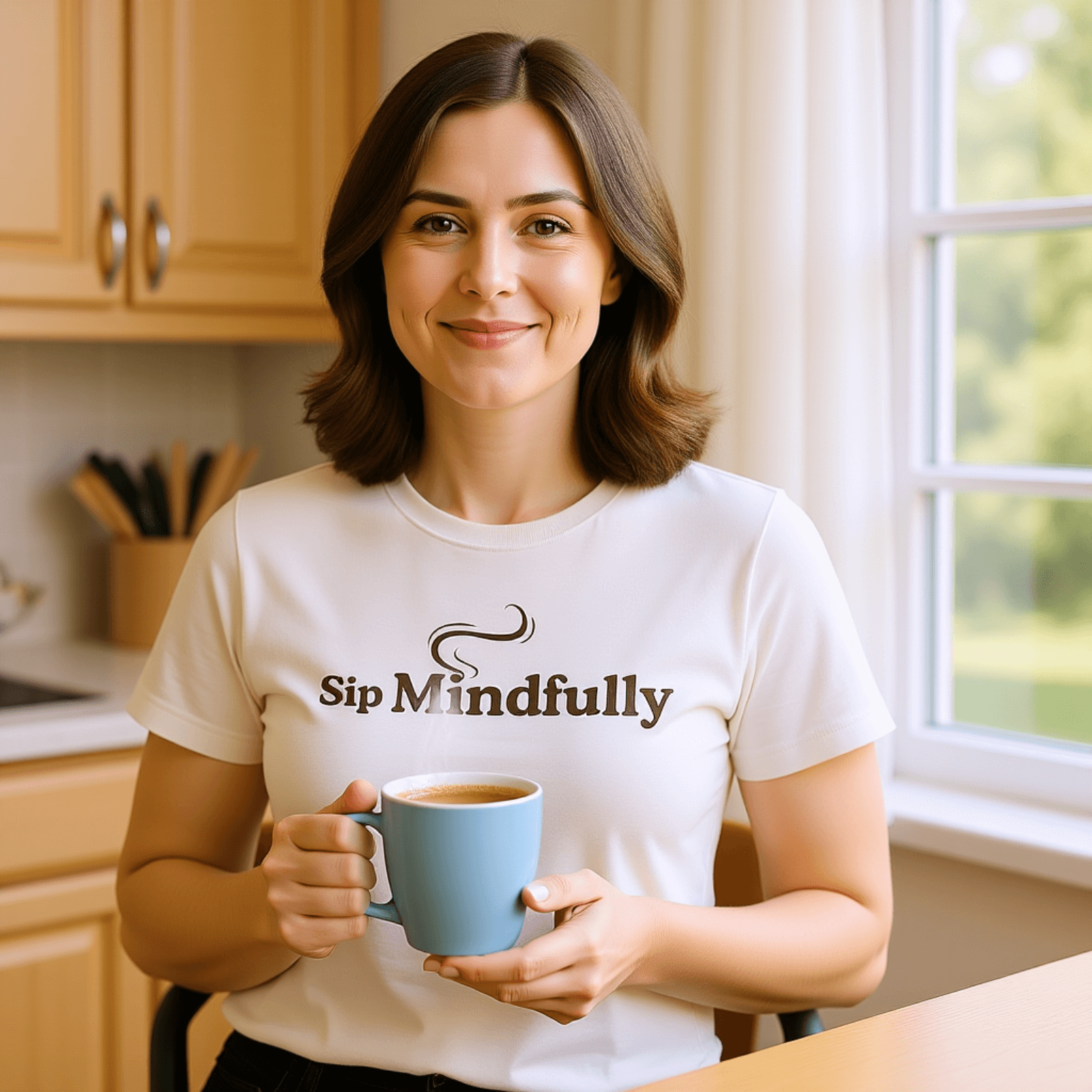 Sip Mindfully™ Tee – front view, natural color, Karma & Grace™ mindful apparel