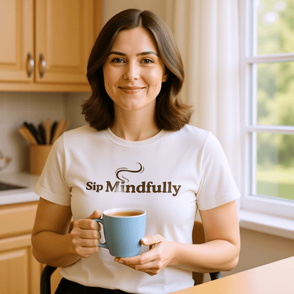 Sip Mindfully™ Tee – front view, natural color, Karma & Grace™ mindful apparel
