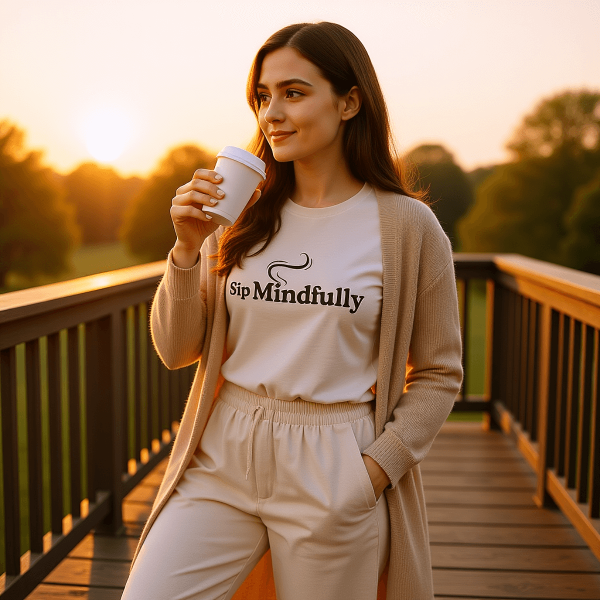 Sip Mindfully Tee™ | Karma & Grace™ — woman sipping coffee on porch at sunrise wearing the tee and soft cardigan