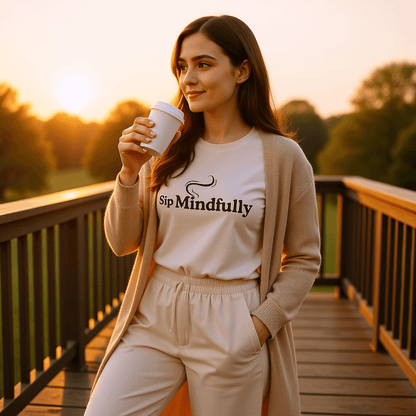 Sip Mindfully Tee™ | Karma & Grace™ — woman sipping coffee on porch at sunrise wearing the tee and soft cardigan