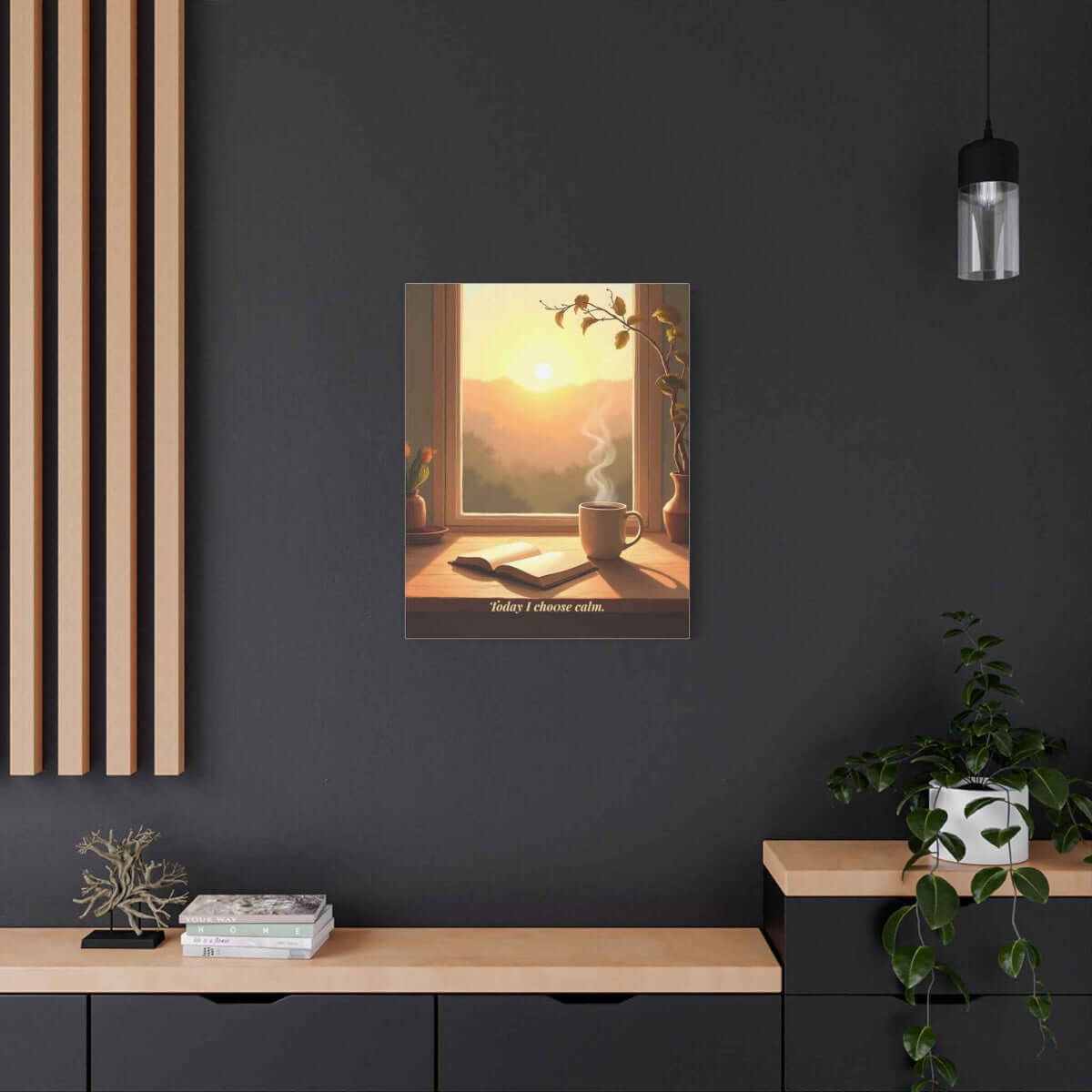 Today I Choose Calm™ | Karma & Grace™ — Flat-lay of journal, mug, and affirmational print, calm morning tones