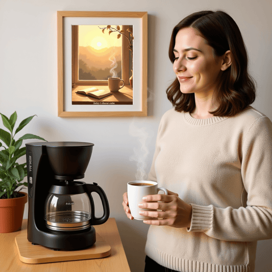 Today I Choose Calm™ | Karma & Grace™ — Soft sunrise scene with coffee and open journal on wooden desk, warm morning light through window