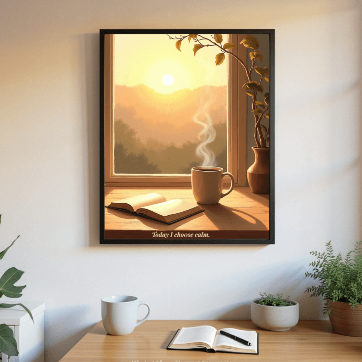 Today I Choose Calm™ | Karma & Grace™ — Peaceful lifestyle interior with sunlight, plants, and mindfulness aesthetic